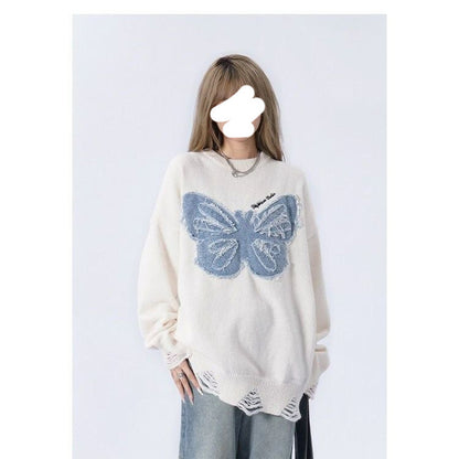 Pull brodé en denim rétro américain papillon de niche pour femmes