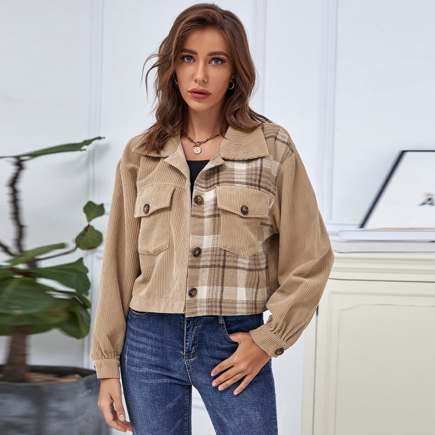 Ladies Autumn And Winter Stitching Plaid Corduroy Jacket