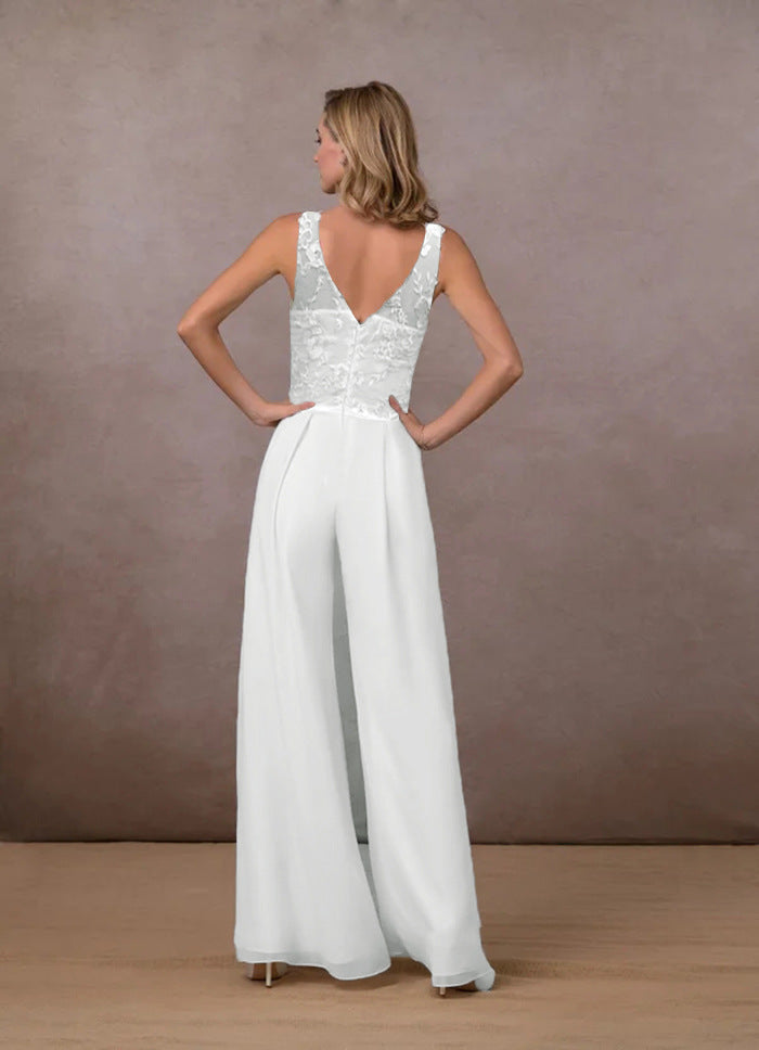 Women's V-neck Mid-waist Sleeveless Wide-leg Chiffon Pants White