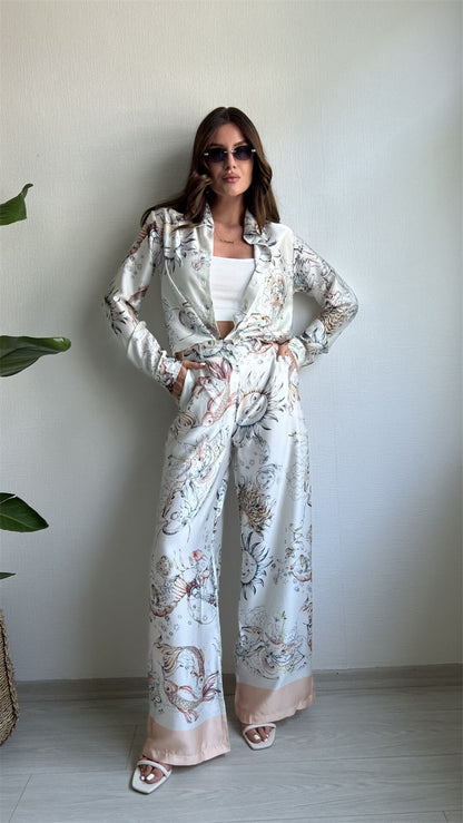 Printed Long-sleeved Top Wide Leg Pants Two-piece Set