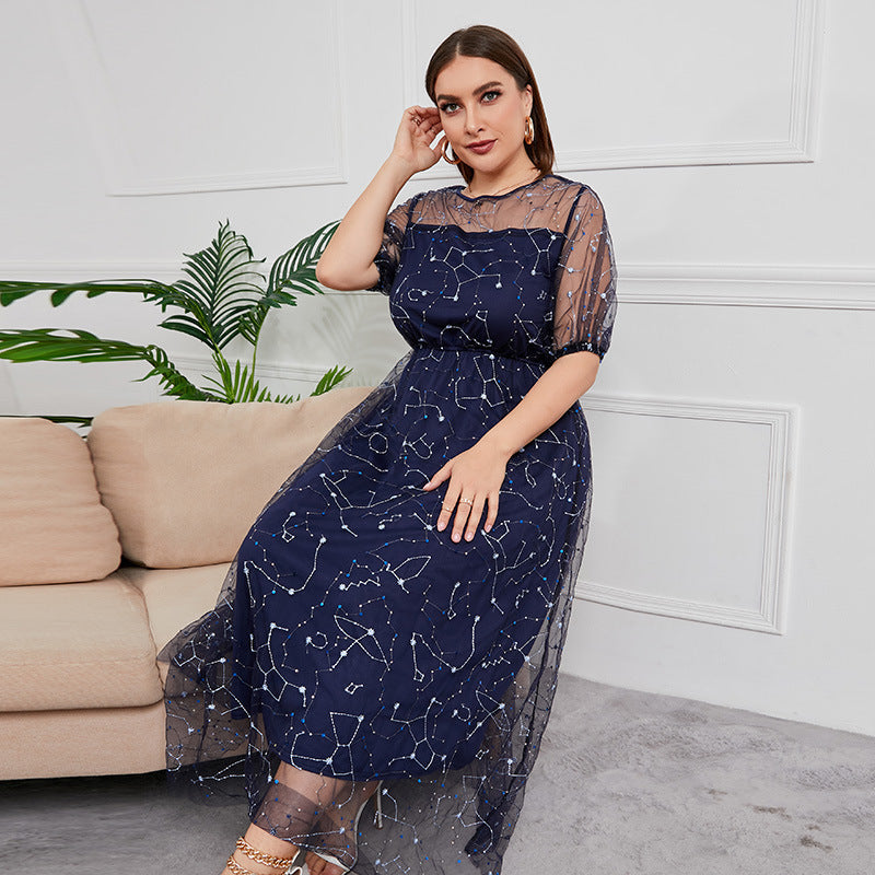 Plus Size Dress Evening Dress Women's Mesh Embroidered Midi Dress