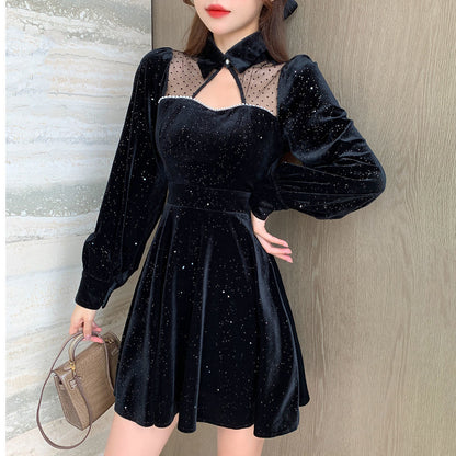 Shirt Neck Velvet Dress Cut-out Beaded Mesh