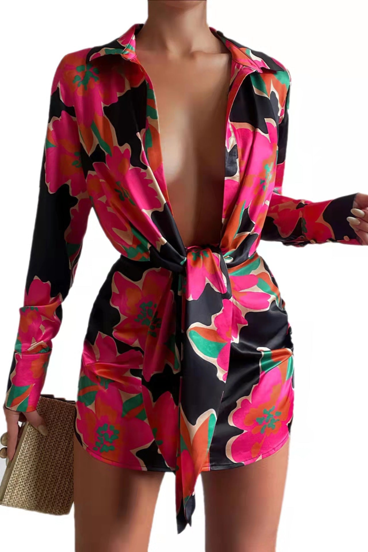 Women's Digital Print Button Down Long Sleeve Shirt Dress