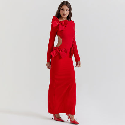 Robe fendue à manches longues et dos nu avec nœud Robe rouge