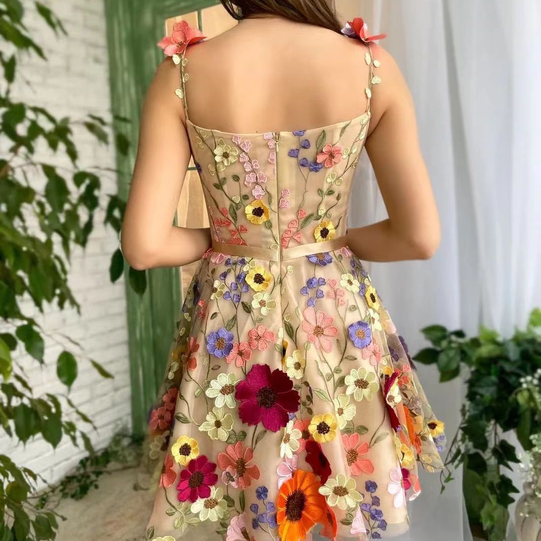 Vestido tridimensional con bordado de flores, moda de verano, dulce vestido con tirantes, corte en A, ropa para mujer