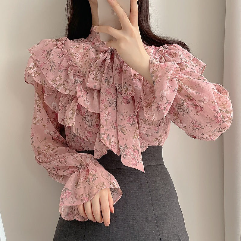 Design Sense Bow Chiffon Shirt Floral Shirt Women's Top