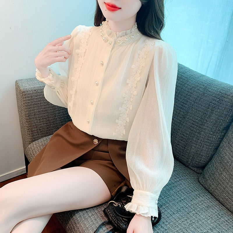 Niche Pearl Stringy Selvedge Stand-up Collar Lace Pleated Long Sleeve Shirt