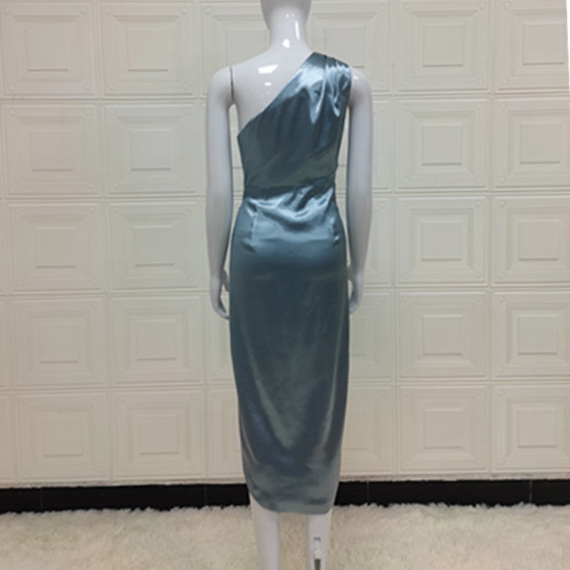 Light Blue One Shoulder Comfort And Casual Dress