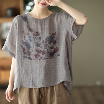 Summer New Vintage Ink Print Front Short Back Long Casual T-shirt