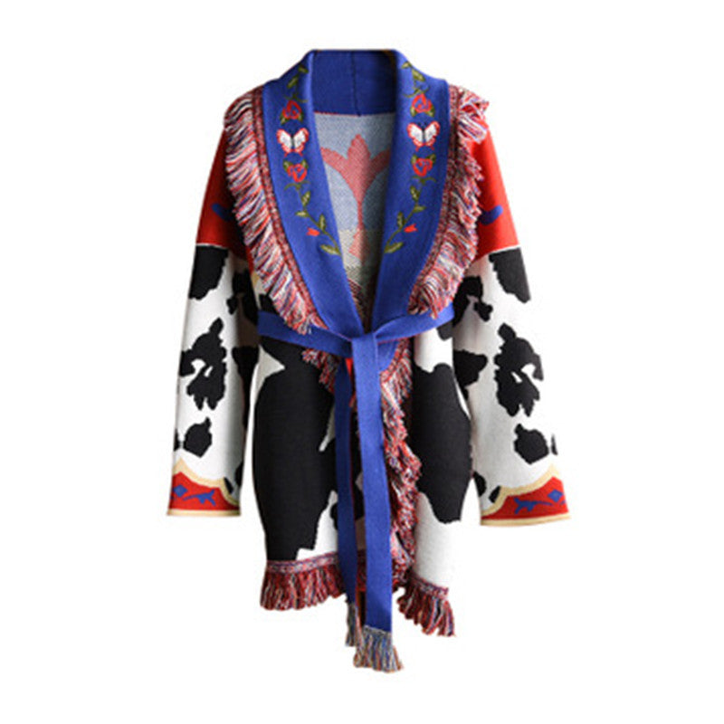 Large Pattern Embroidery Tassel Sweater Coat