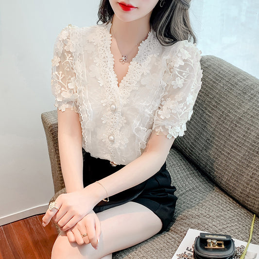 Lace Shirt Three-dimensional Flower V-Neck Puff Sleeve