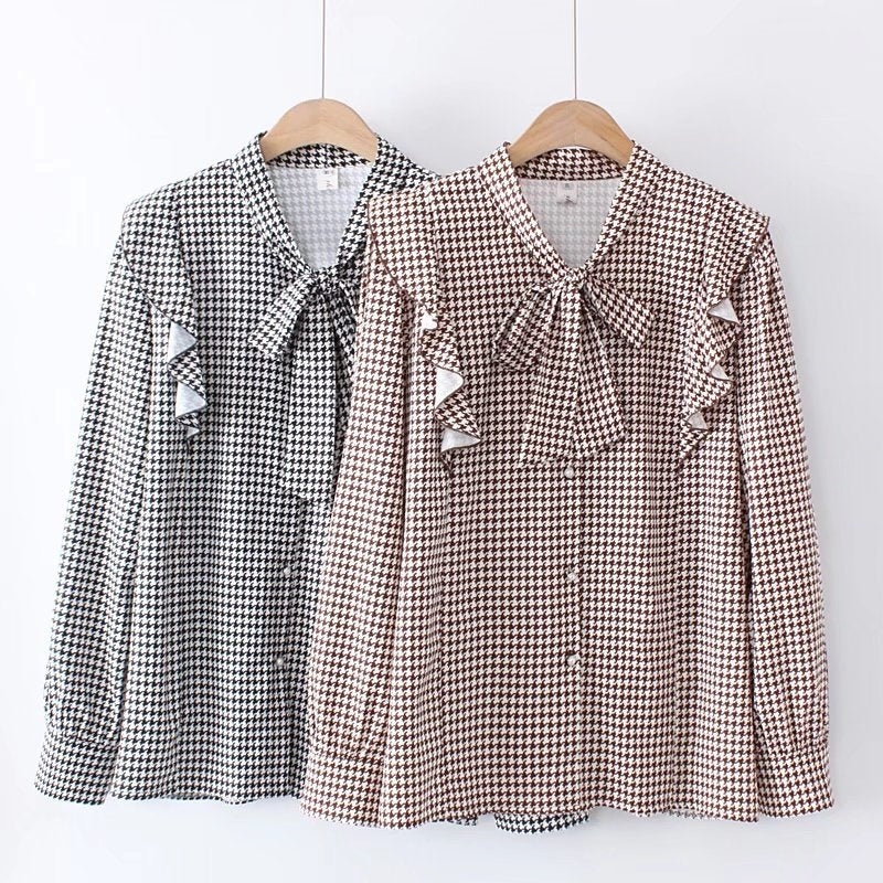 Plus Size Women's Slim And Loose Houndstooth Retro Shirt