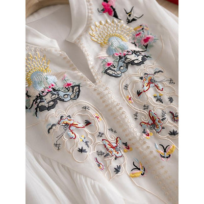 Embroidered Long Skirt Round V-neck Pleated 34 Sleeve Dress