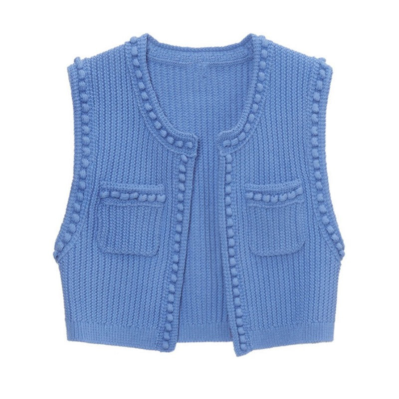 Gilet cardigan tricoté à col rond bleu, gilet de style court