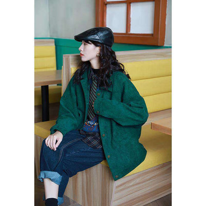 Retro Loose Wild Slim Straight Green Corduroy Jacket