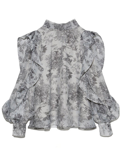 Stand-neck Printed Chiffon Shirt Ruffled Pullover Top