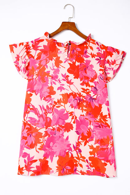 Blusa con cuello redondo y manga acampanada floral de talla grande