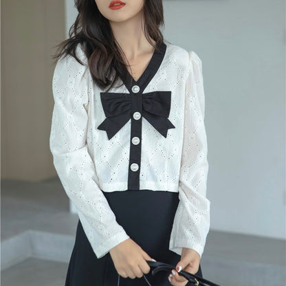 Women's Bow Puff Sleeve Short V-neck Shirt