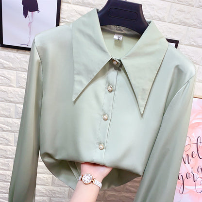 Women's Pearl Button Chiffon Shirt With Pointed Collar