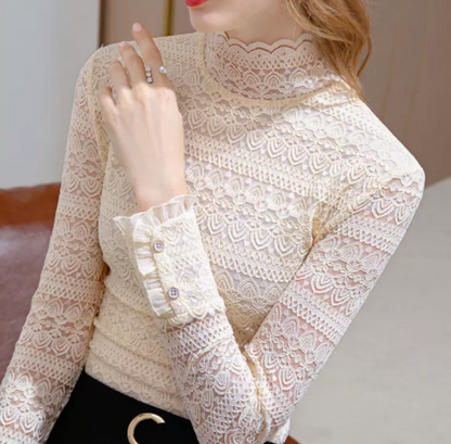 Half-high Neck Lace Bottom Blouse For Women In Autumn And Winter