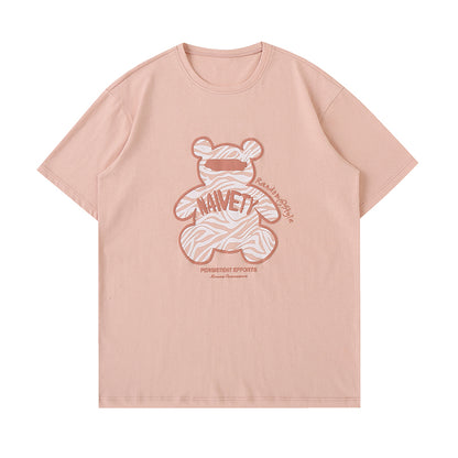 Camiseta de manga corta para hombre con estampado tridimensional de oso cebra suelta de algodón puro