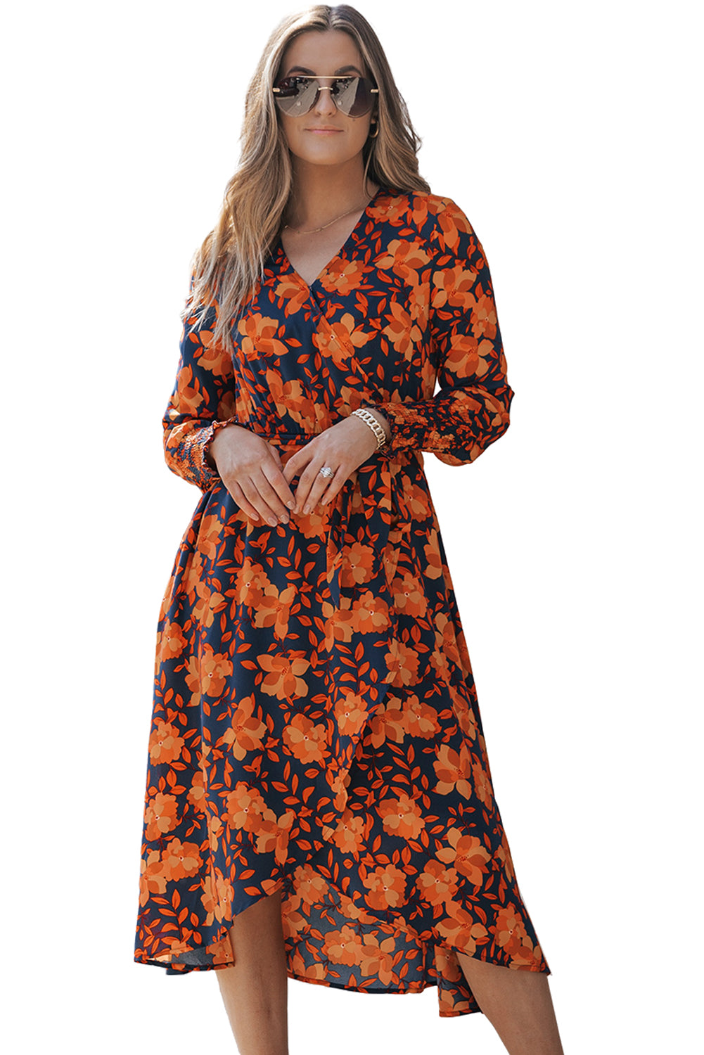 Robe portefeuille orange à imprimé floral et ceinture