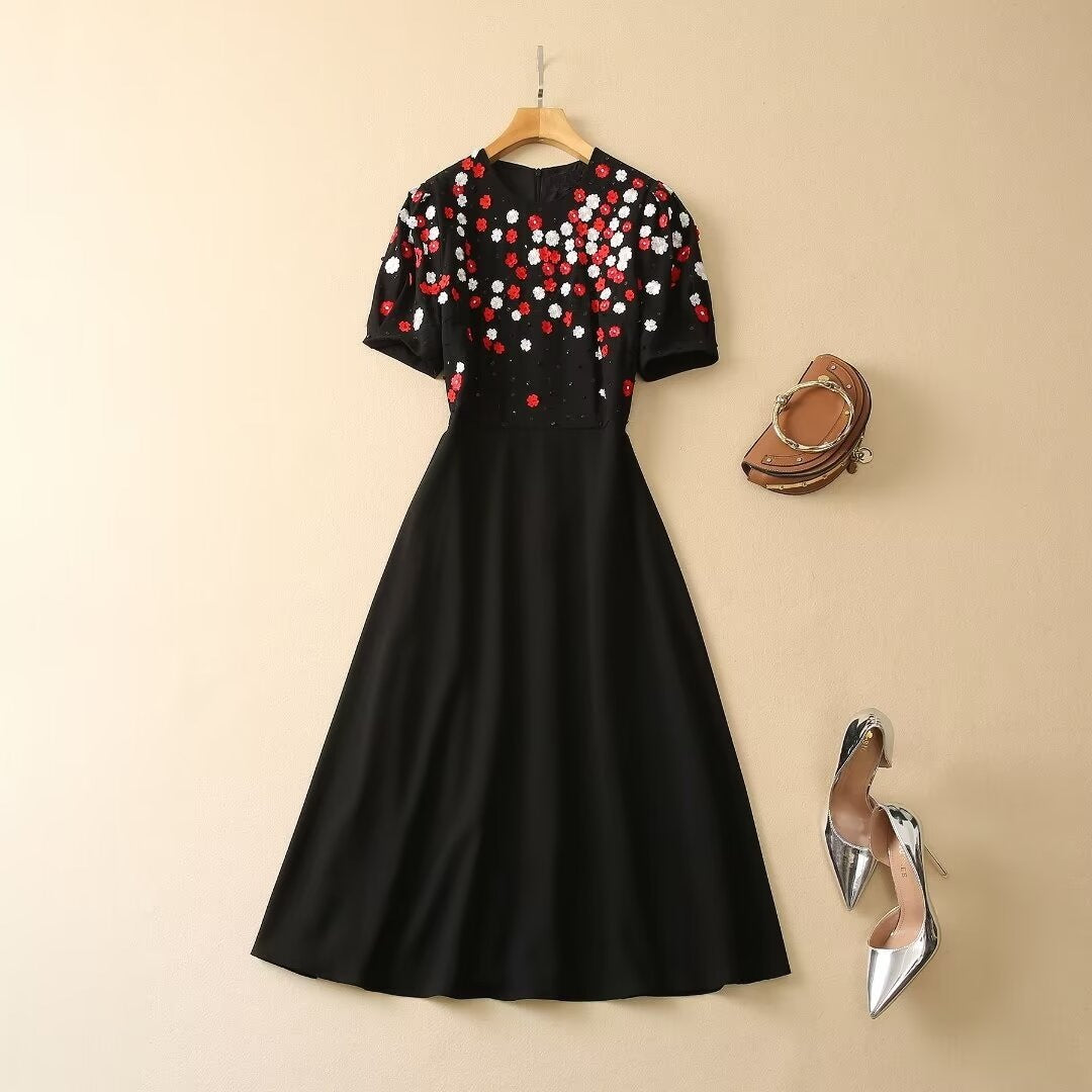 French Suit Black Pleated Short Sleeve Exquisite Embroidered Flowers Sequins Dress