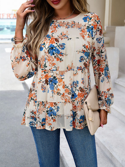 Blusa escalonada con mangas con volantes estampadas