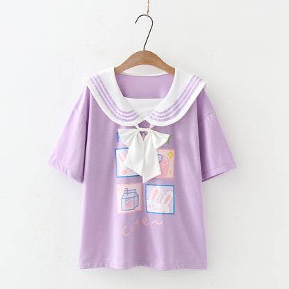 Soft Sister Childlike Cute Rabbit Print Bow Tie Navy Collar Loose Short-sleeved T-shirt Student Shirt Female Summer