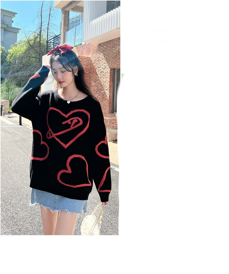 Male And Female Cute Heart Round Neck Sweater