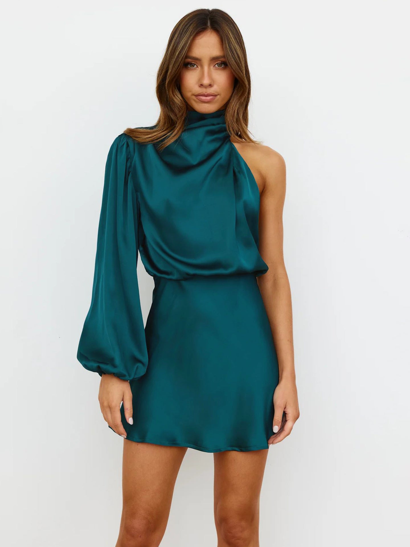 Satin Long Sleeve One-shoulder Elegant Dress