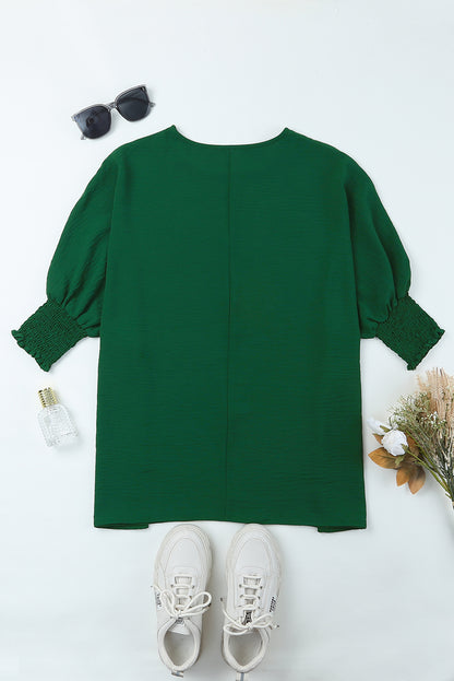 Green Smocked Wrist Shift Top