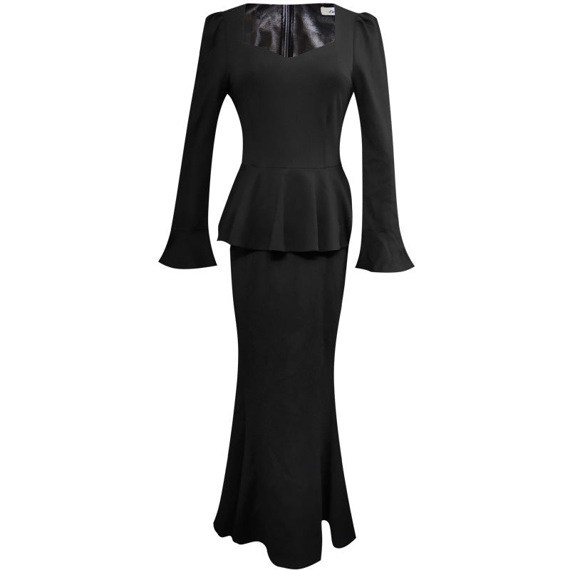 Elegant High-end Ruffled Waist Professional Slim Fit Long Sleeve Square-neck Black Dress