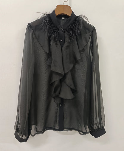 Stand Collar Ruffle Puff Long Sleeve Sheer Chiffon Shirt