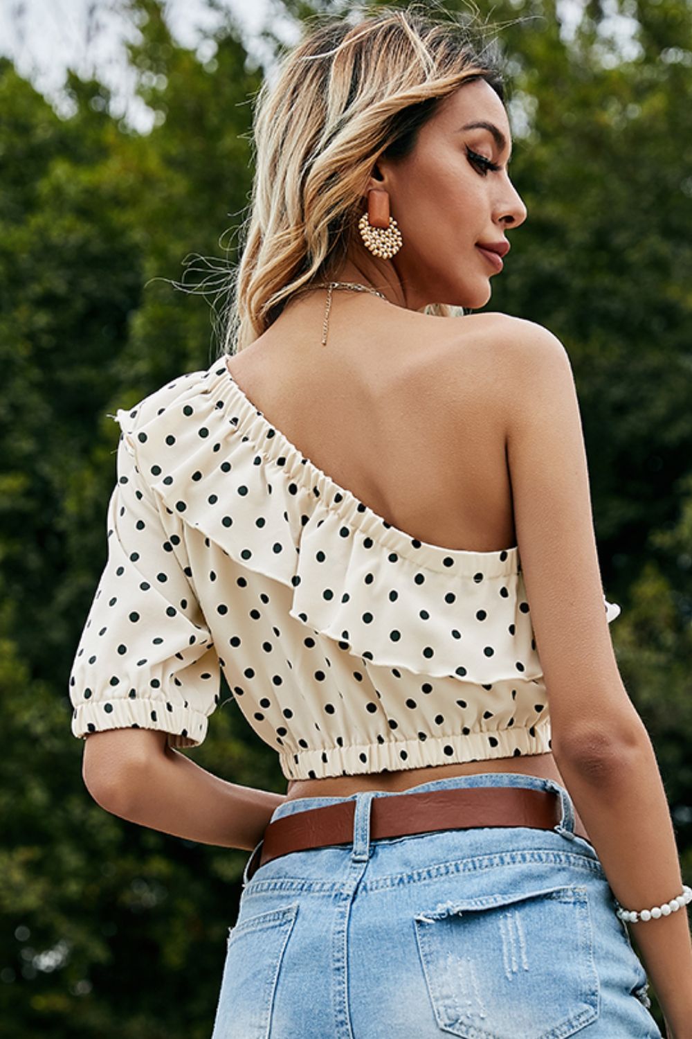 Polka Dot One-Shoulder Ruffled Crop Top