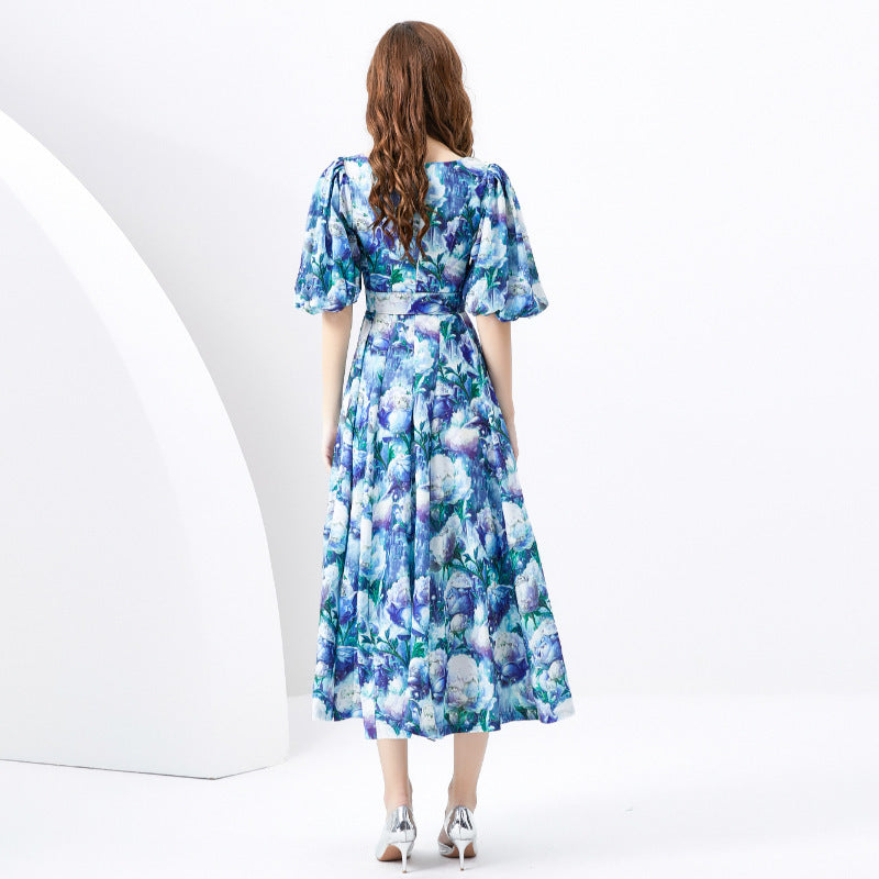 Retro Style V-neck Slim-fit Lantern Sleeve Painted Long Dress