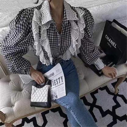 Fashion Design Hollow Lace Long Sleeve Shirt Women