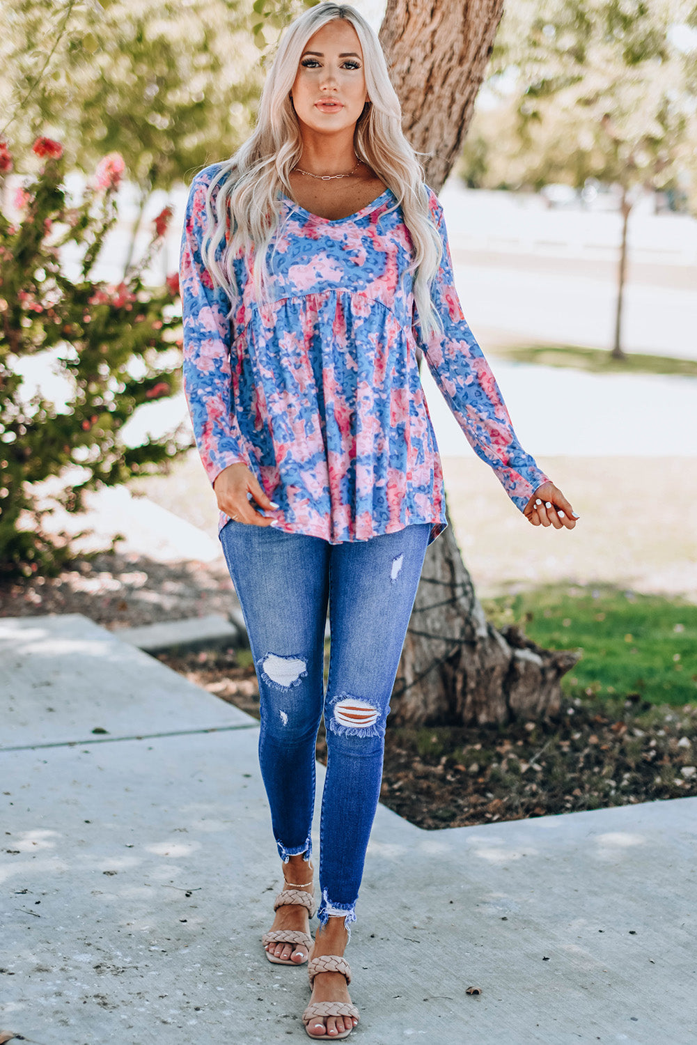 Leopard and Tie-Dye Print Ruffle Hem Top