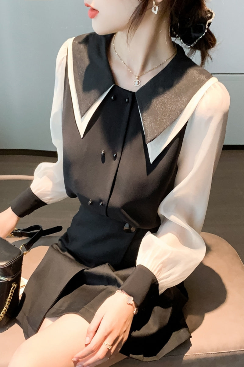 Han Fan Design Sense Chiffon Shirt Long Sleeve Autumn New Double Layer Baby Collar Top Black And White Blouse Fashion