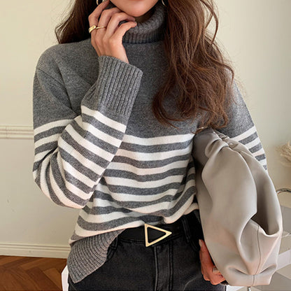 Turtleneck Striped Sweater Loose Lazy Vintage Knit