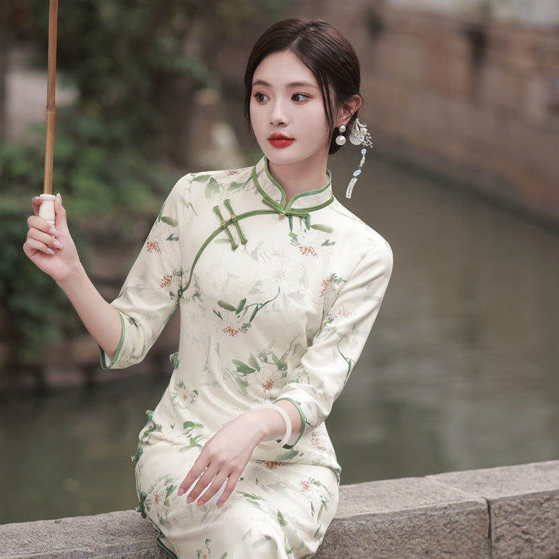 Cheongsam elegante de ante de alta calidad Suzhou, manga tres cuartos, estilo republicano chino Retro