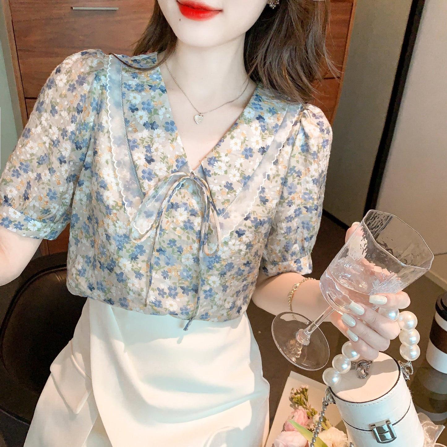 Fragmented Baby Neck Top Short Sleeve Unique Design Shirt Beautiful Chiffon Shirt