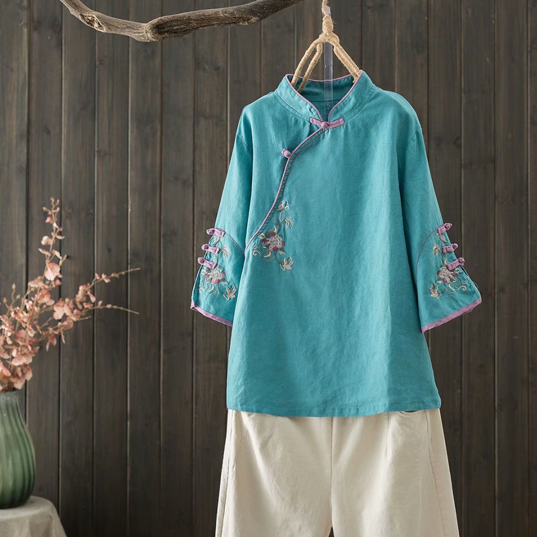 Retro Buckle Cotton And Linen Embroidery Chinese Blouse Women