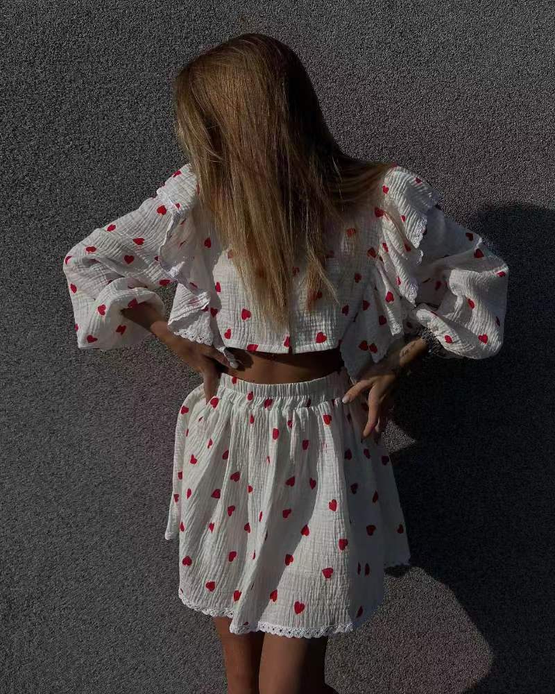 Women's Fashion Cotton-style Ruffled Strawberry Printed Short Skirt Suit