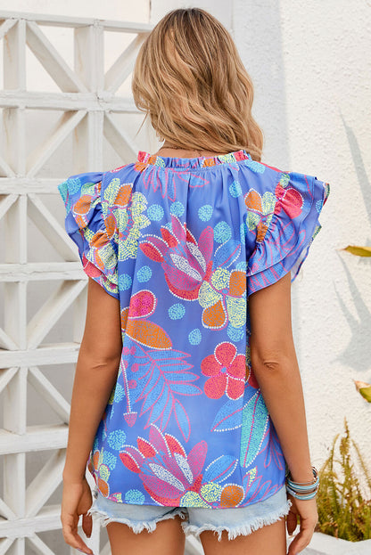 Floral Notched Neck Flutter Sleeve Blouse