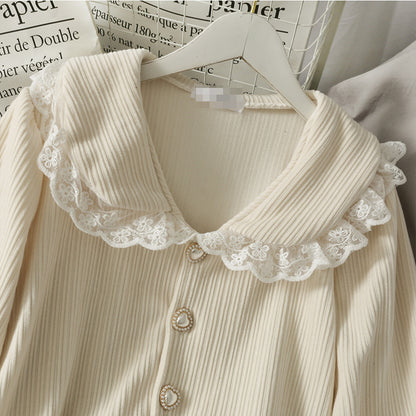 Lace Patchwork Doll Collar Vertical Striped Shirt