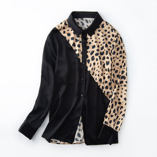 Camisa de manga larga de seda con estampado de leopardo para mujer