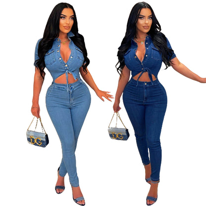 Slim Fit Fashion Short Sleeve Denim Jumpsuit