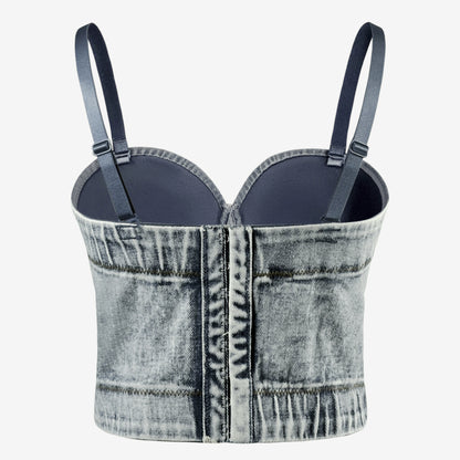 Gray Hanging Dyed American Retro Fishbone Denim Camisole