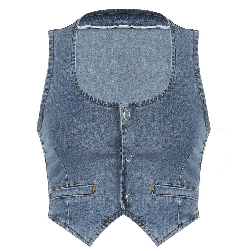 Streetwear Blue Denim Vest Jacket Buttons Up Tank Top Women Fashion